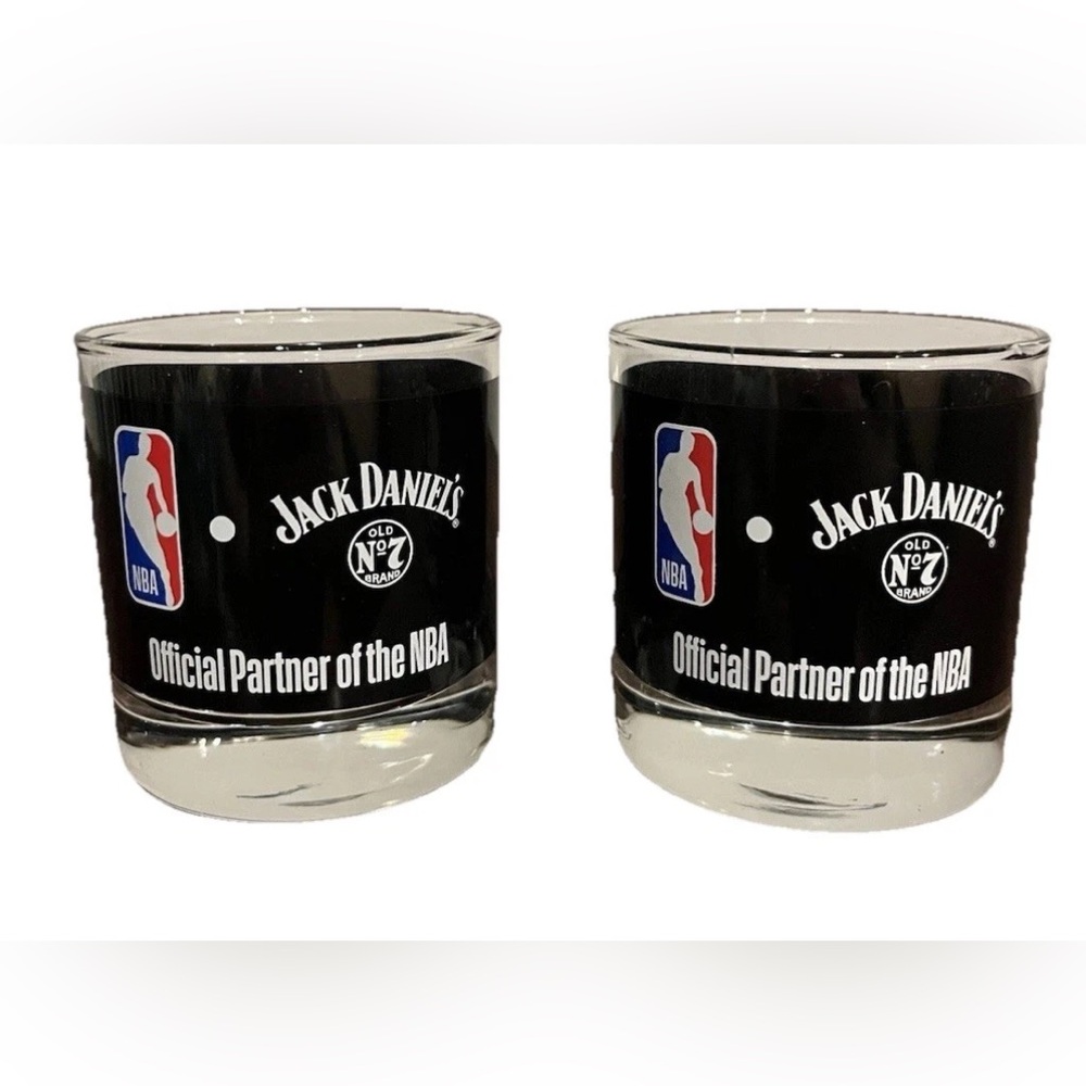 Jack Daniels Old No 7 Glass Cup Low-ball Basketball NBA Whiskey Bourbon Set Pair